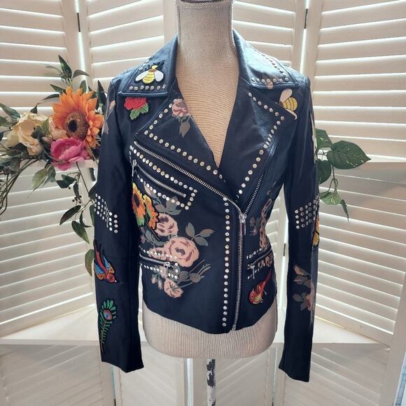 BAGATELLE BLACK EMBROIDERED FAUX LEATHER JACKET SIZE XS - Picture 2 of 11